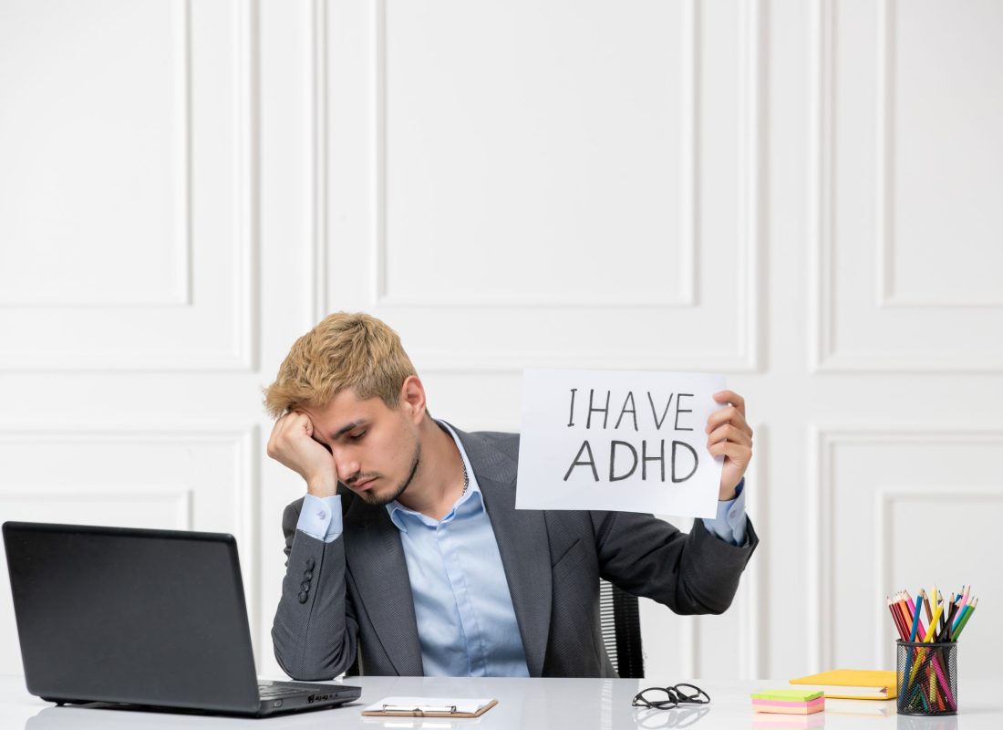 Adhd Cute Young Stressed Worker In The Office Behind Desk With Computer Very Tired And Sleepy